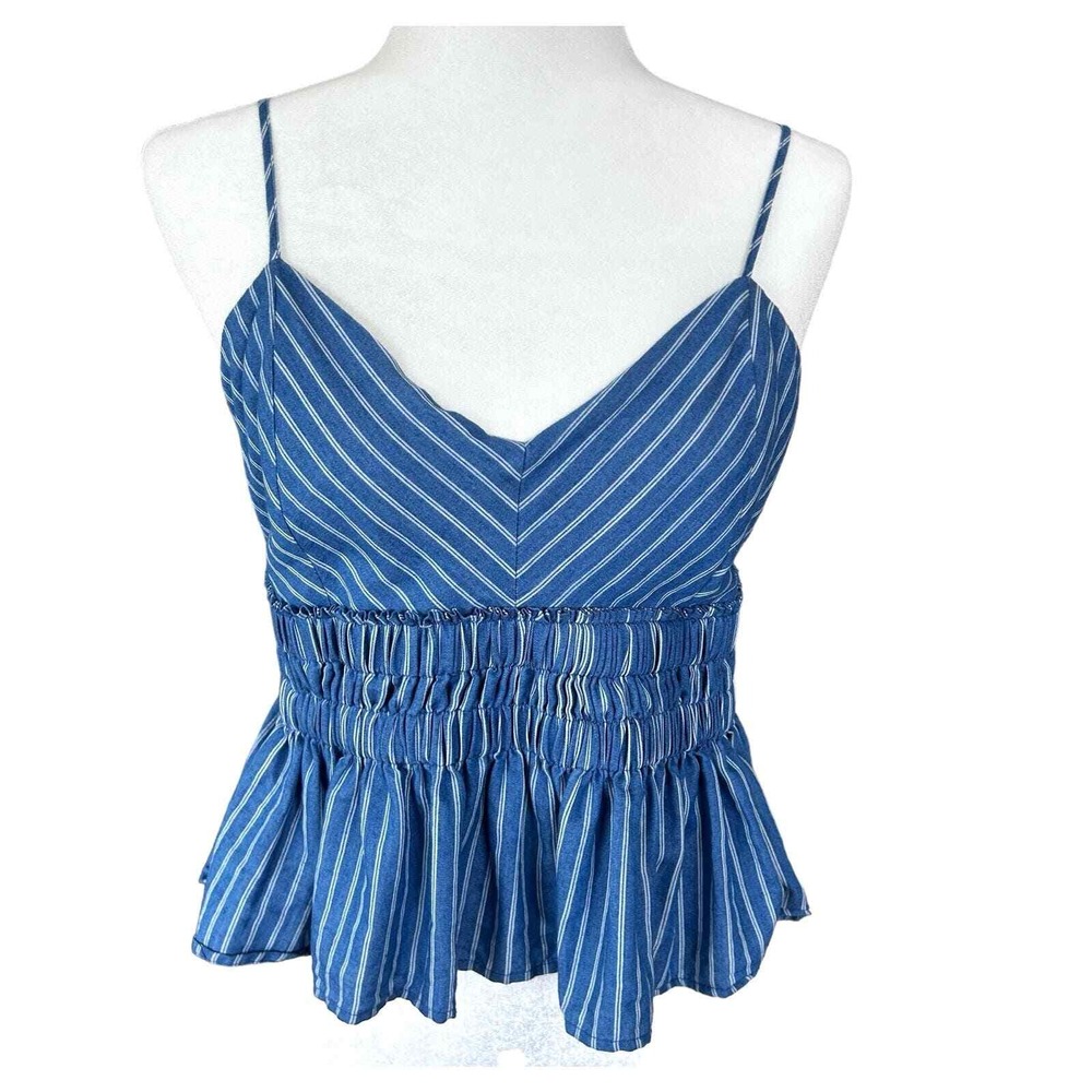 Ganji Boho Cropped Top Medium Festival Peplum Coastal Beach Chambray Stripe Blue